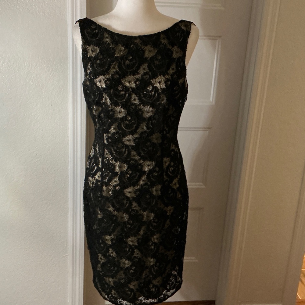 David Meister Black and Gold Lace Dress